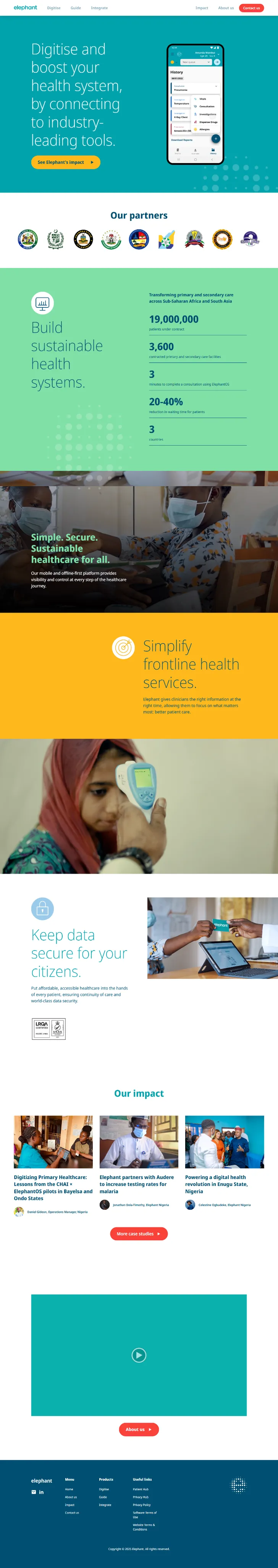 Elephant Healthcare homepage with a turquoise hero and a mobile health platform preview.