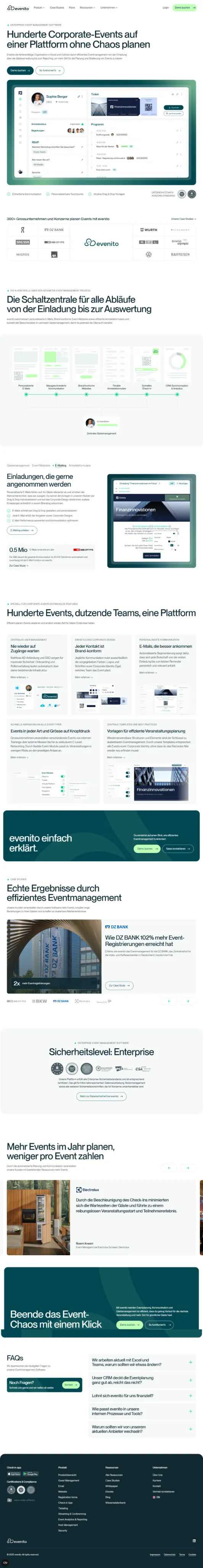 Evenito homepage with a German event management headline and product dashboard preview.