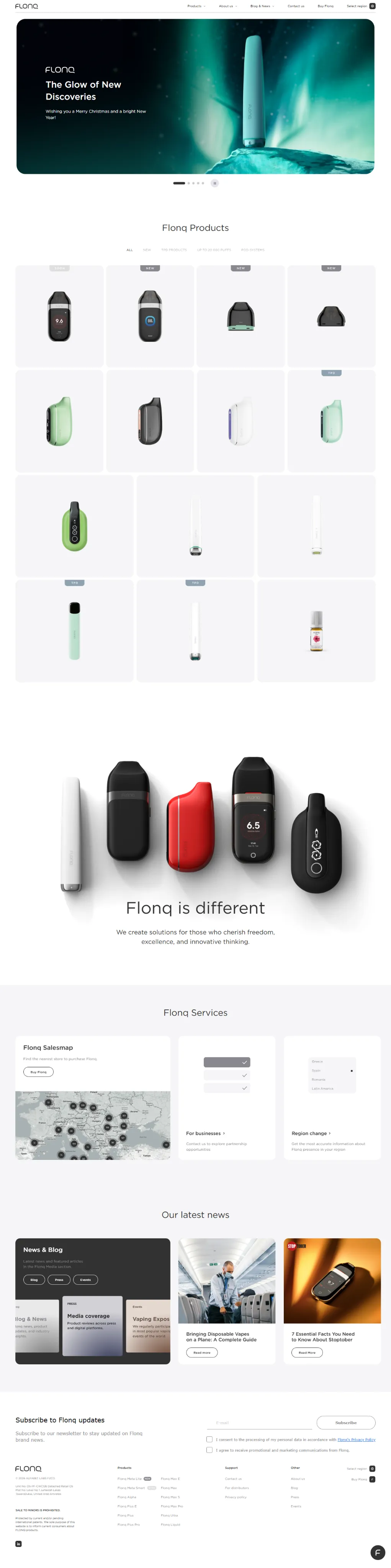 FLONQ homepage with a green product hero and product category navigation.
